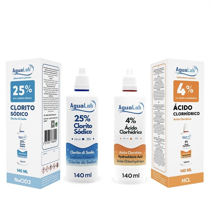 Kit Clorito Sódico al 25% (140 ml) + Activador - Ácido Clorhídrico 4% Kit Clorito Sódico al 25% (140 ml) + Activador - Ácido Clorhídrico 4%