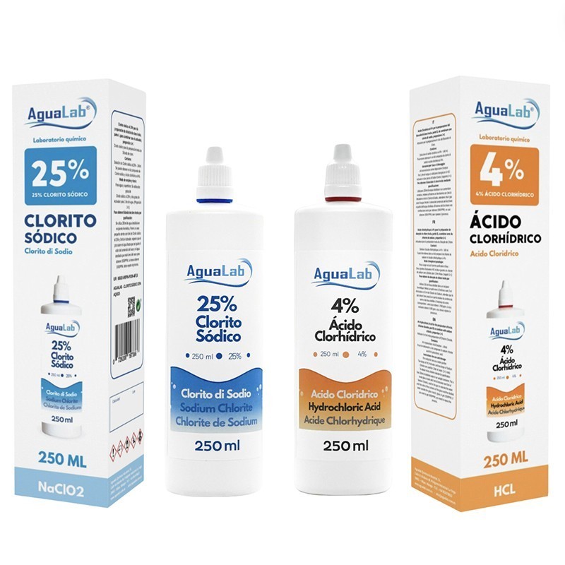 Kit Clorito di Sodio 25% (250 ml) + Attivatore - Acido Cloridrico 4% Kit Clorito di Sodio 25% (250 ml) + Attivatore - Acido Cloridrico 4%