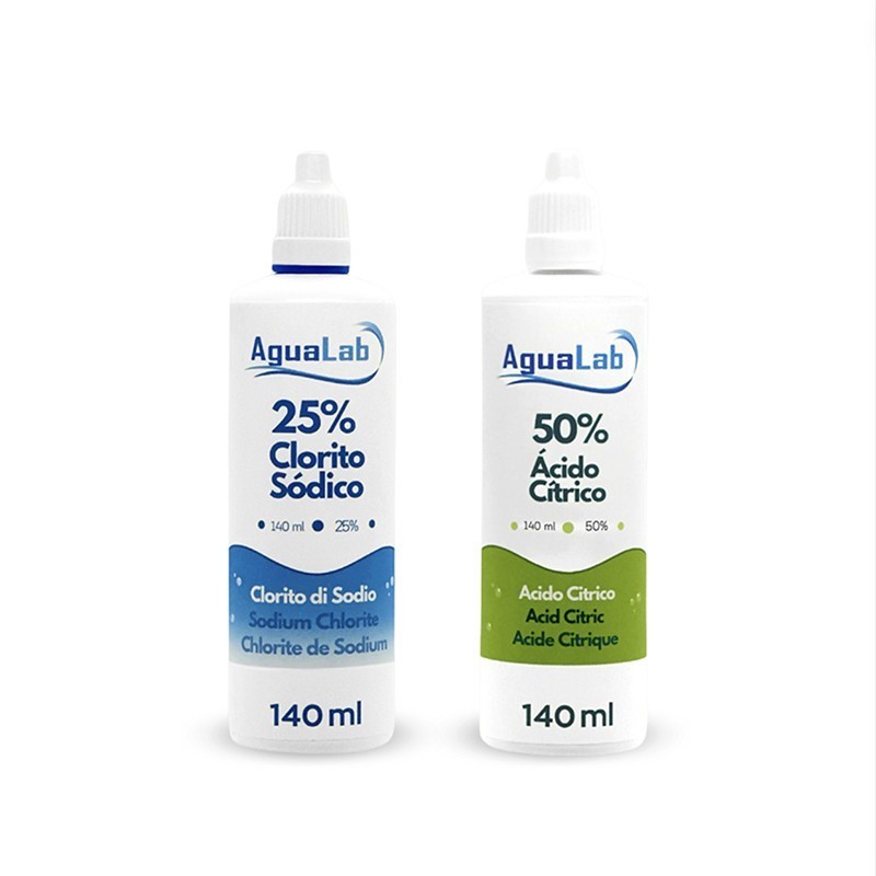 Kit 50% acido citrico e 25% clorito di sodio (140 ml) Kit 50% acido citrico e 25% clorito di sodio (140 ml)