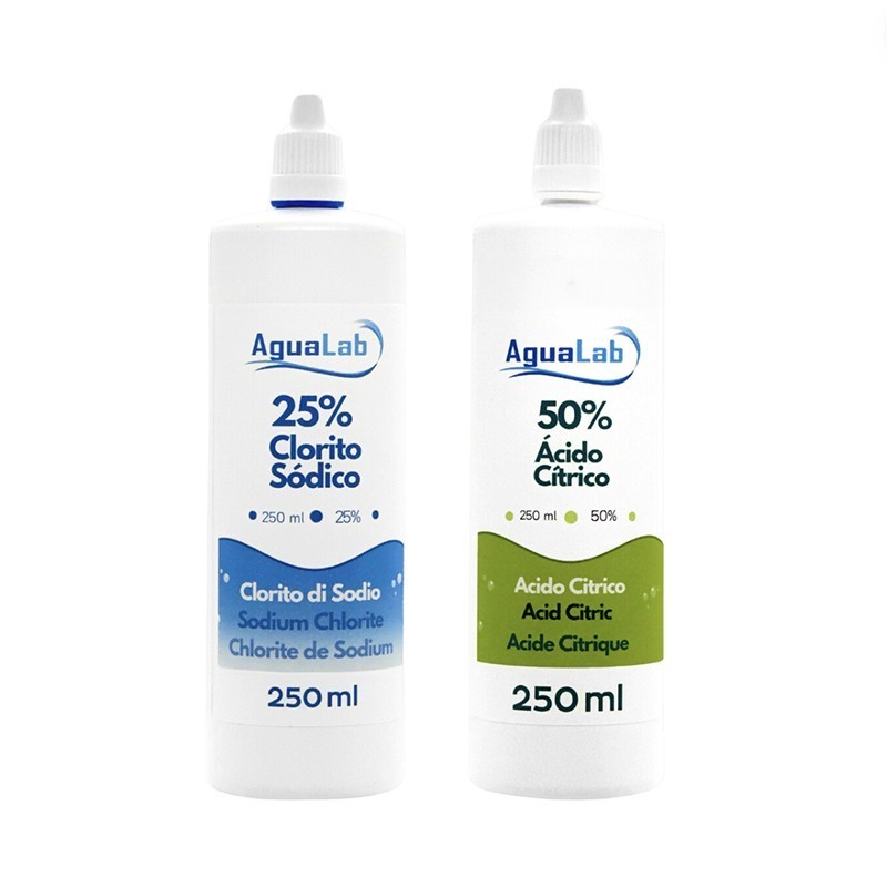 Kit 50% acido citrico e 25% clorito di sodio (250 ml) Kit 50% acido citrico e 25% clorito di sodio (250 ml)