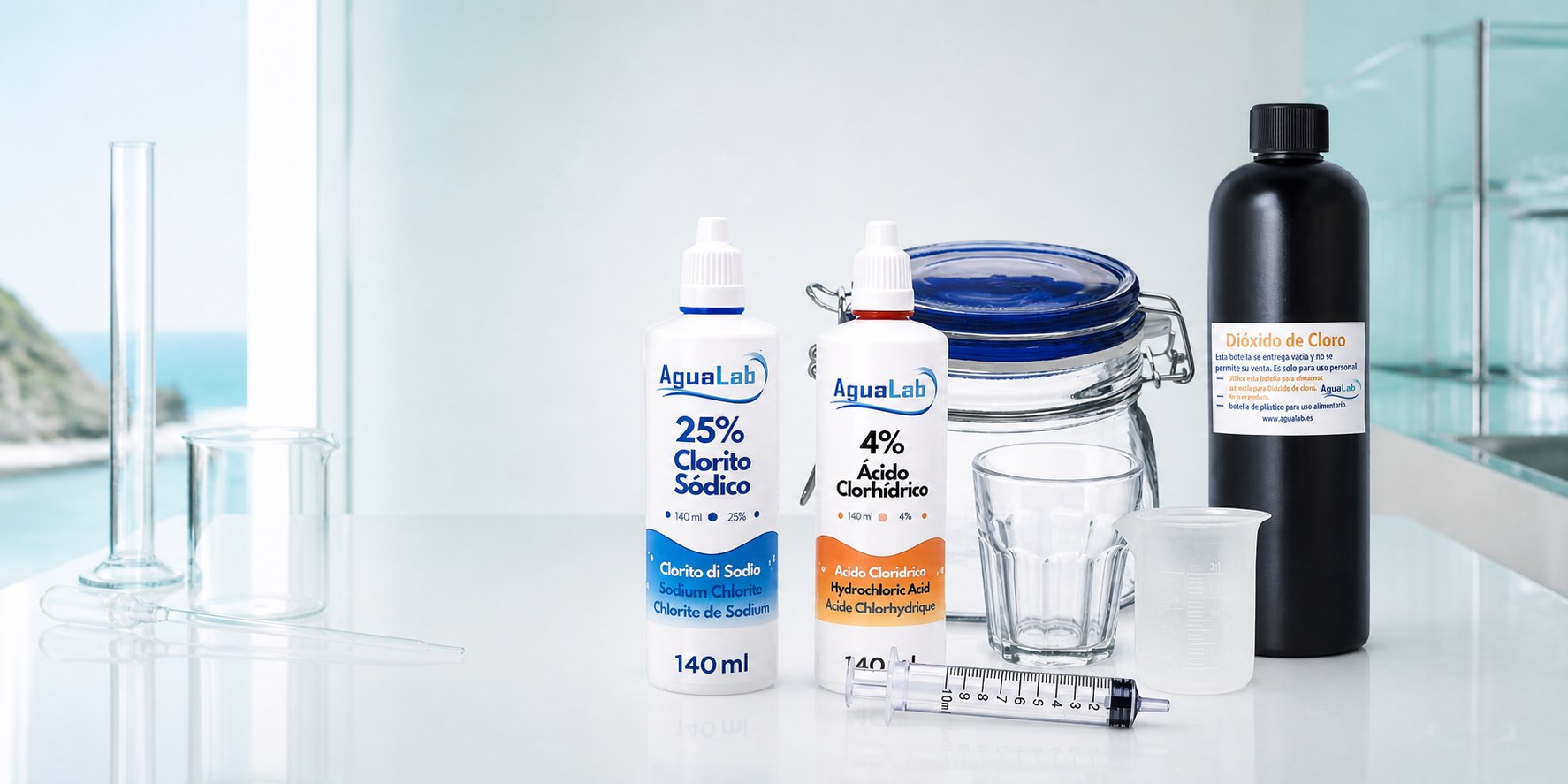 Kit Agualab con clorito di sodio, attivatore e strumenti di misurazione in laboratorio